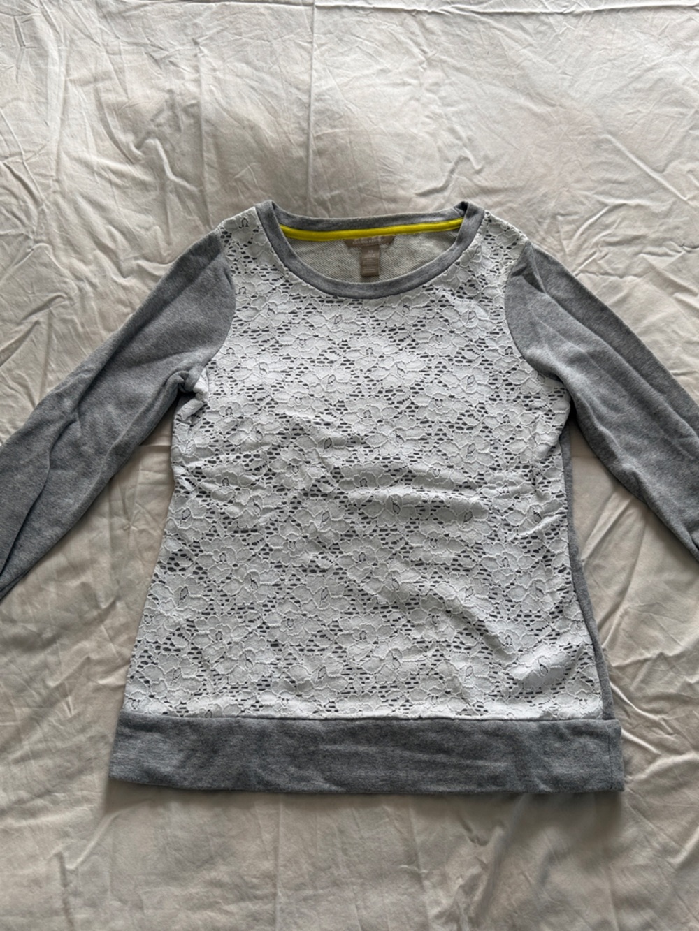 Banana Republic Gray and White Lace Front Crew Neck Sweater